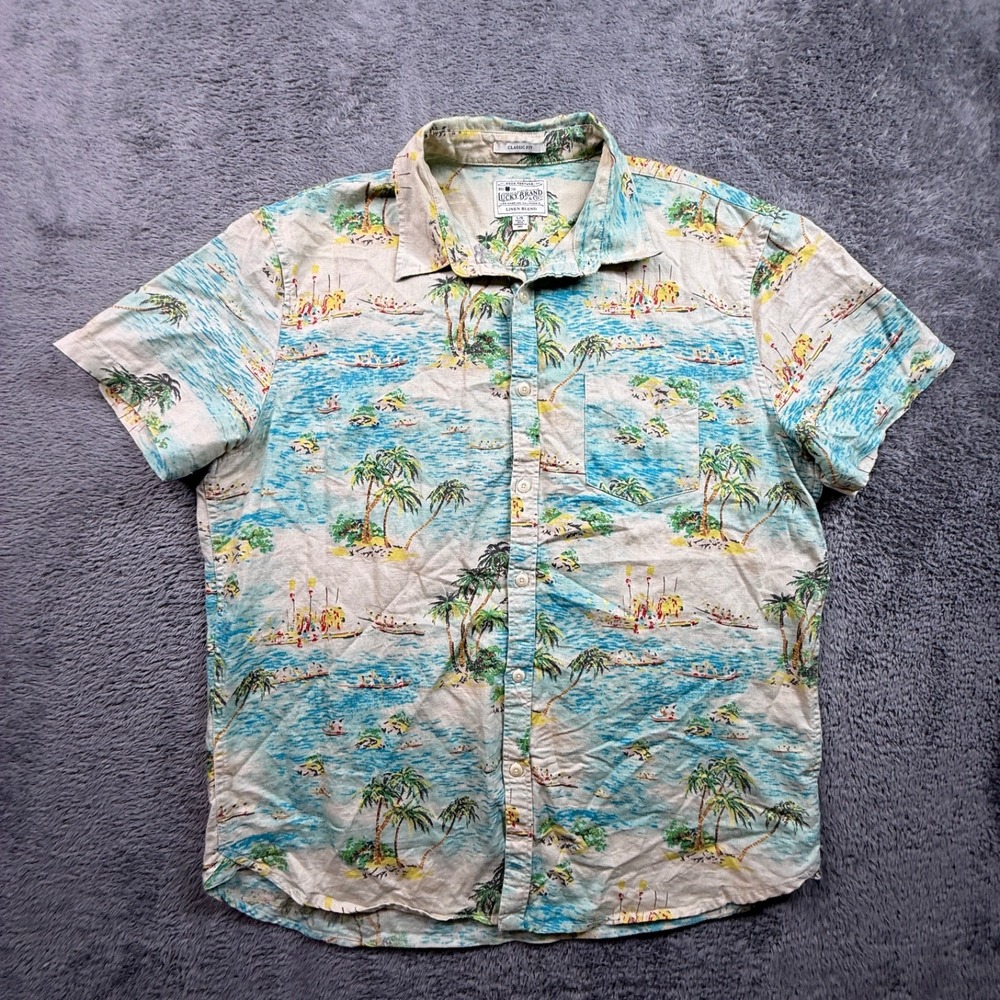 Lucky Brand Hawaiian Shirt Linen Blend Mens L Tropical Island Button Up Beachy